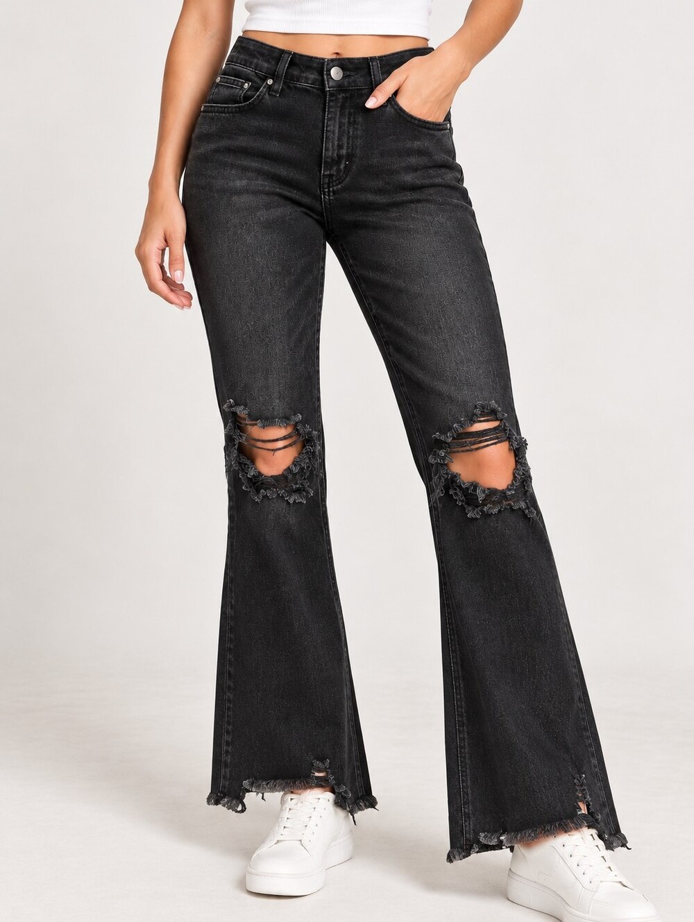 Risen Wild Oak Boutique Distressed Black Flare Jeans Size 29